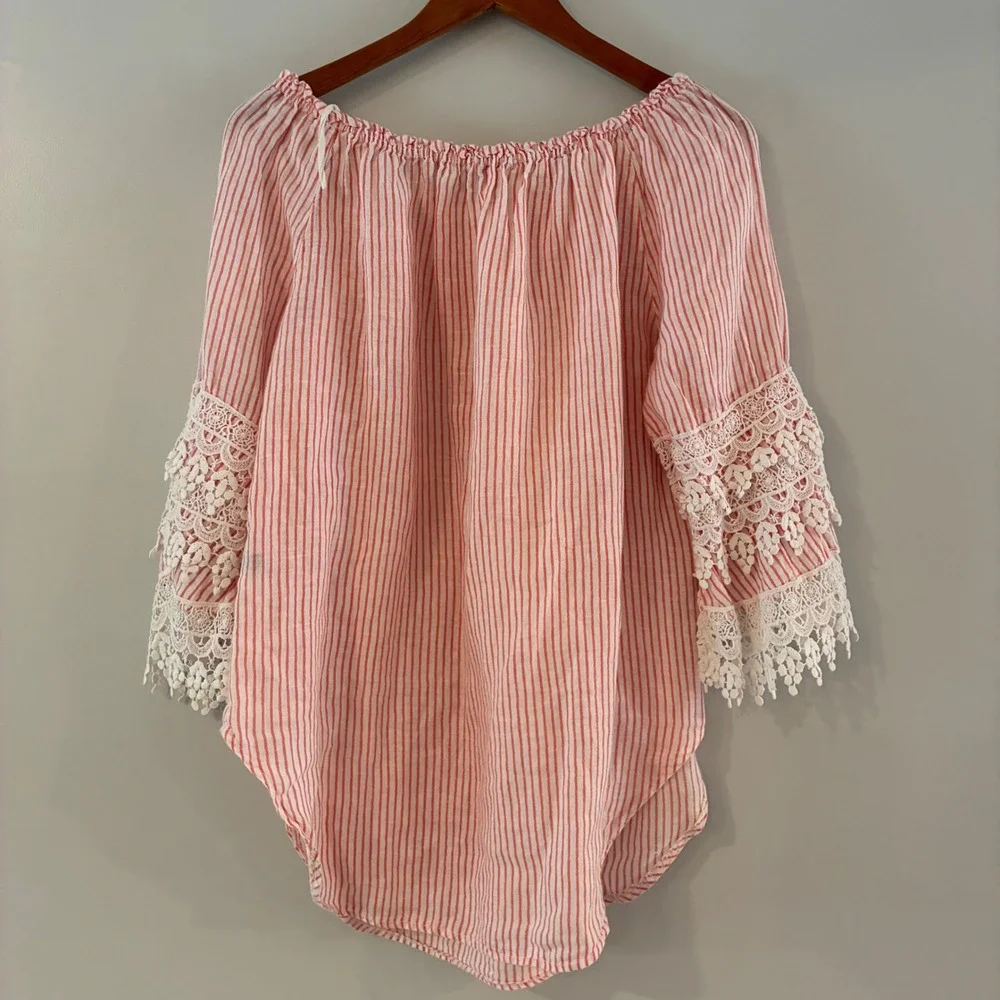 Saks Fifth Ave Top S Stripe Linen Off Shoulder Lace Boho Romantic Italy Cottage - Picture 3 of 9